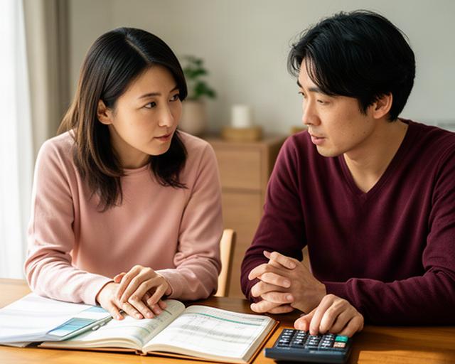 木のテーブルを囲み家計ノートと電卓を見ながら話す夫婦の相談風景