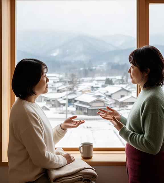 飯山の冬景色を望む窓辺で、新しい地域の暮しについて話す夫婦